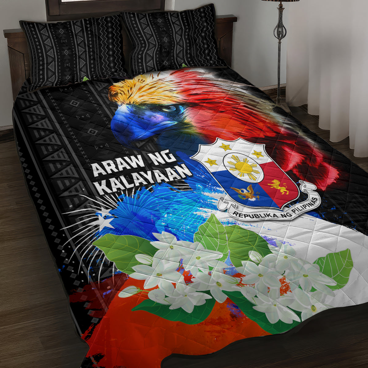 Philippines Independence Day Quilt Bed Set Philippines Eagle and Sampaguita Jasmine Yakan Tribal LT03 Black - Polynesian Pride