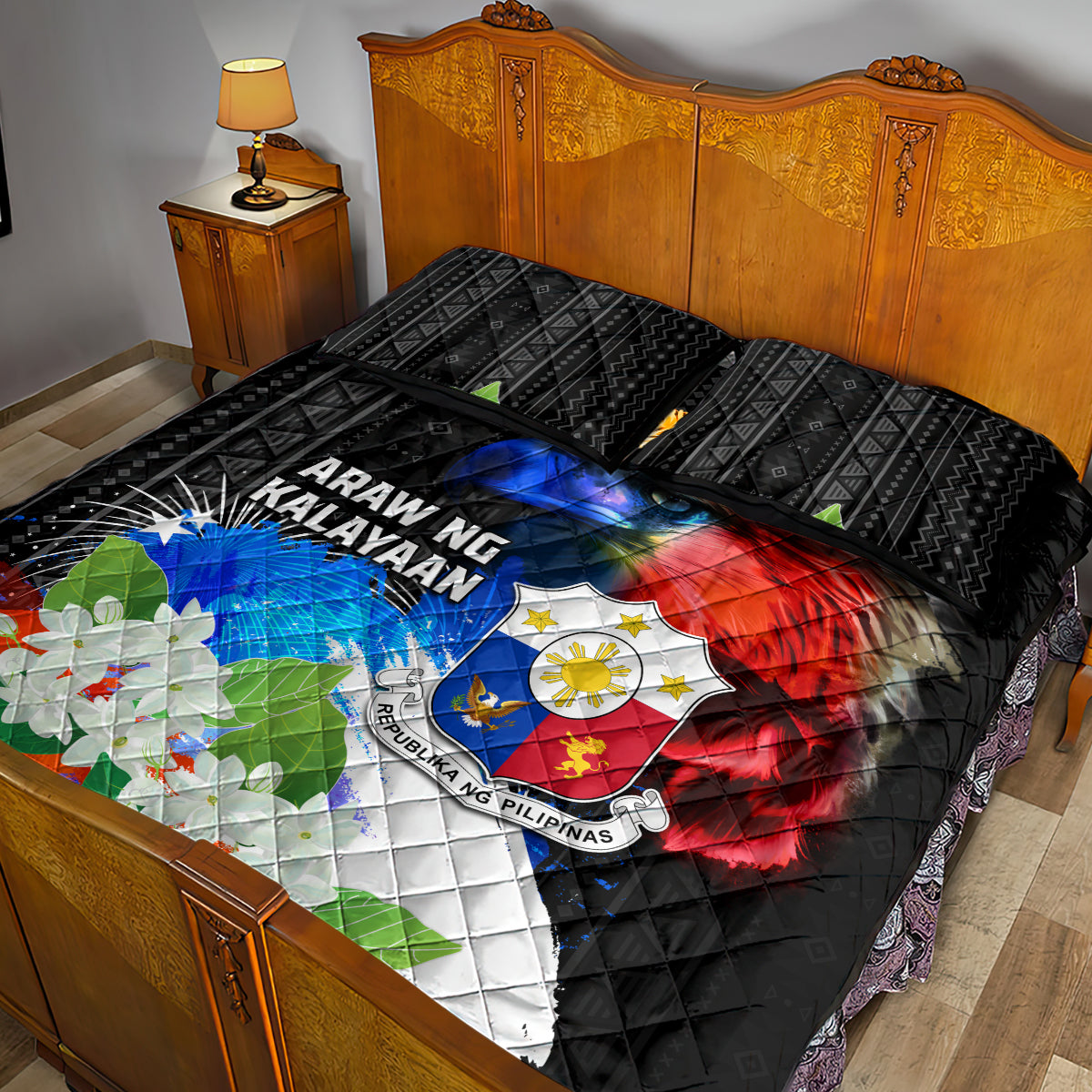 Philippines Independence Day Quilt Bed Set Philippines Eagle and Sampaguita Jasmine Yakan Tribal LT03 - Polynesian Pride