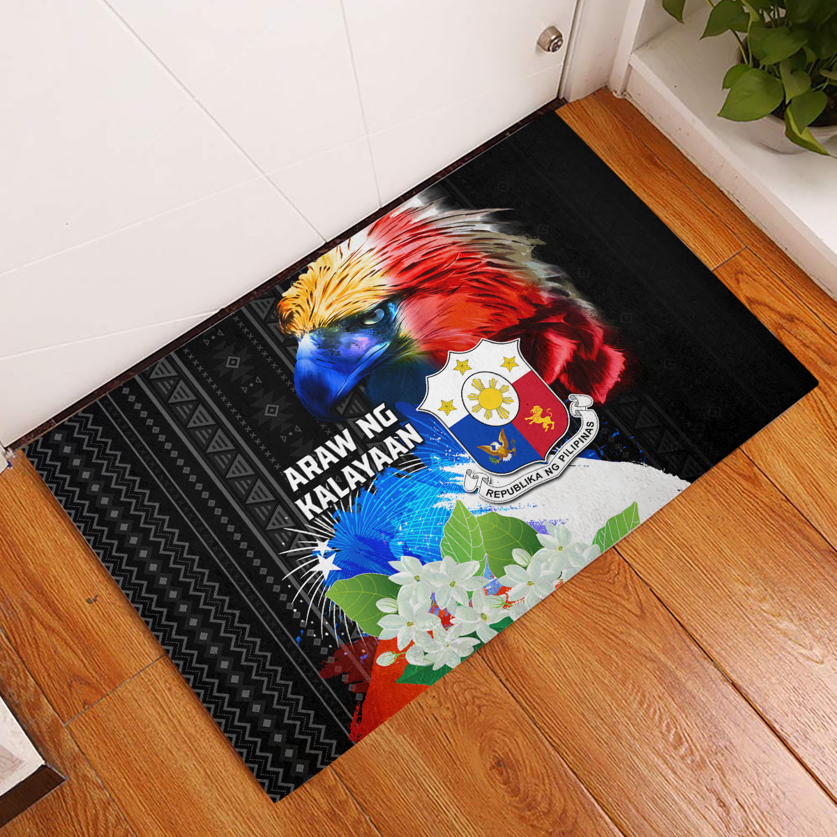 Philippines Independence Day Rubber Doormat Philippines Eagle and Sampaguita Jasmine Yakan Tribal LT03 Black - Polynesian Pride
