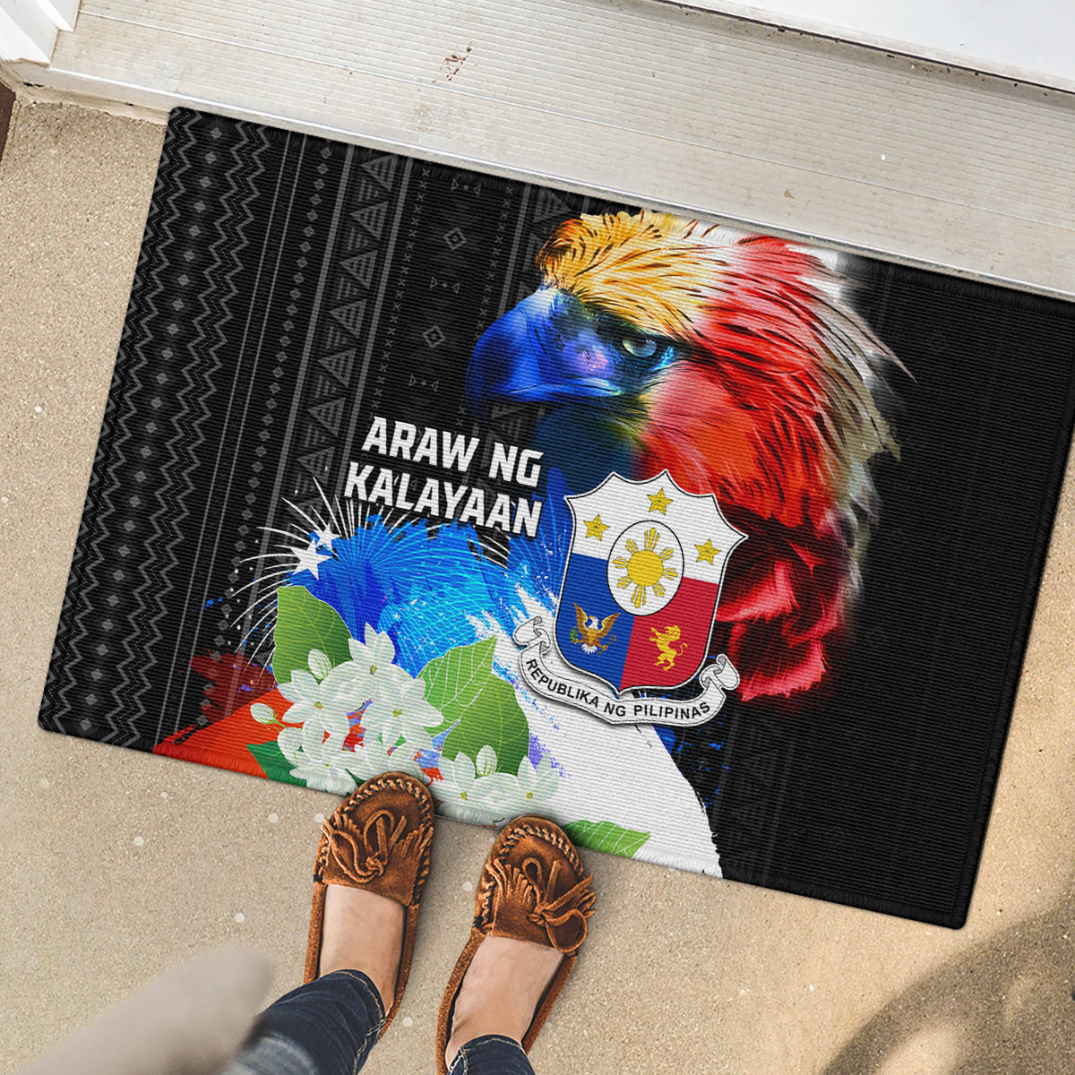 Philippines Independence Day Rubber Doormat Philippines Eagle and Sampaguita Jasmine Yakan Tribal LT03 - Polynesian Pride