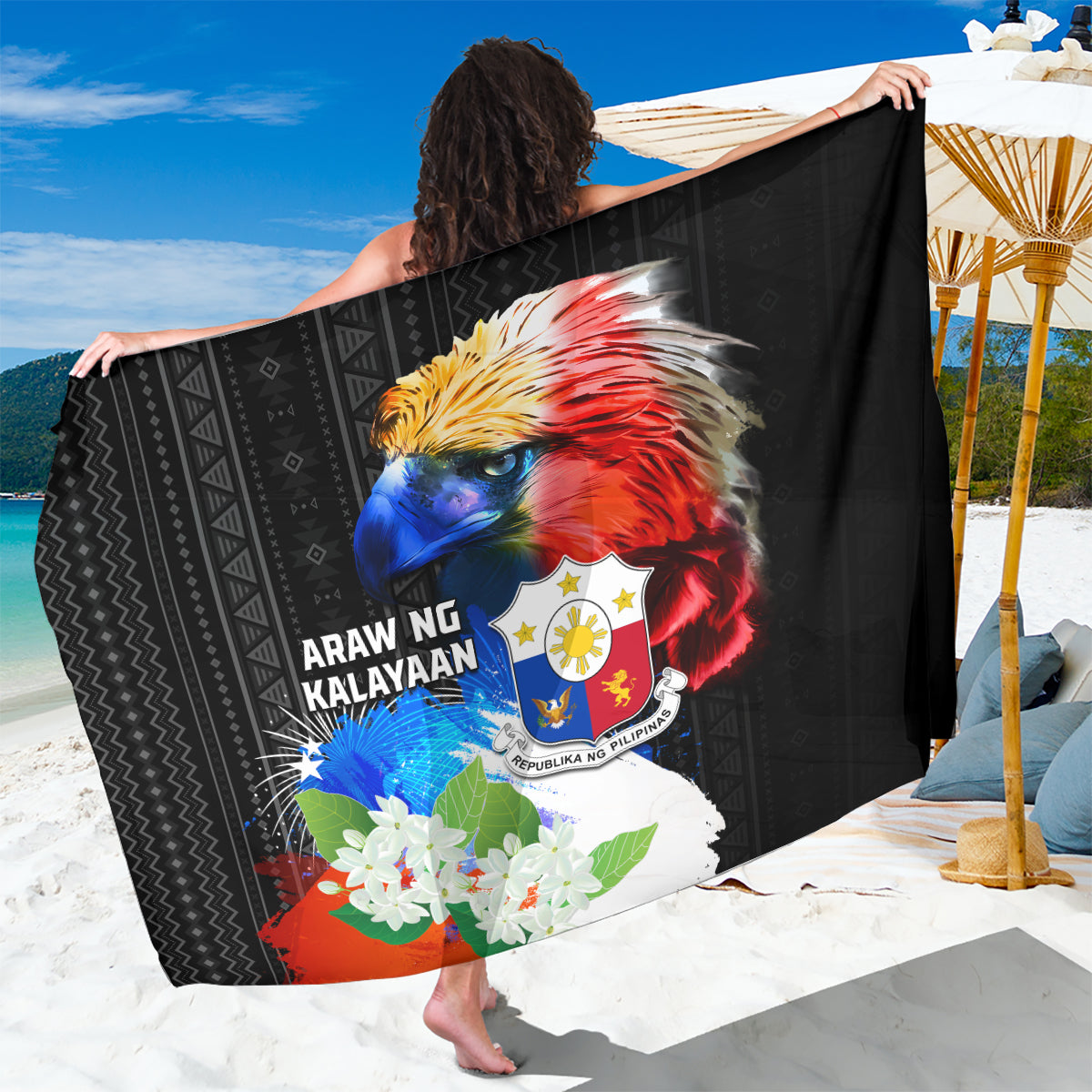 Philippines Independence Day Sarong Philippines Eagle and Sampaguita Jasmine Yakan Tribal LT03 One Size 44 x 66 inches Black - Polynesian Pride