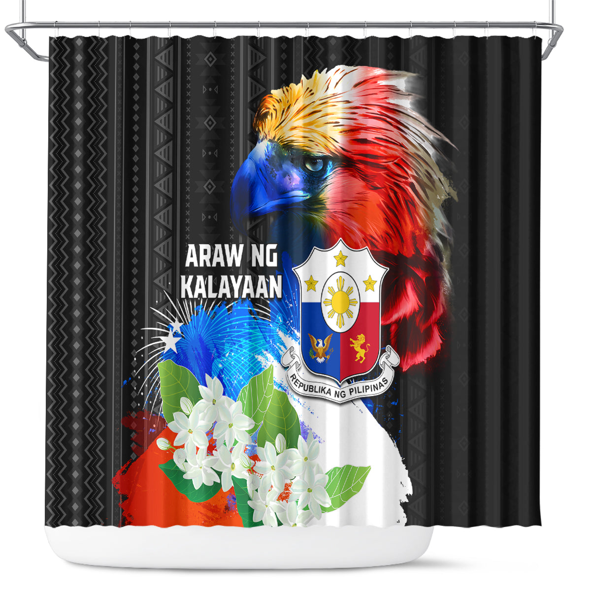 Philippines Independence Day Shower Curtain Philippines Eagle and Sampaguita Jasmine Yakan Tribal