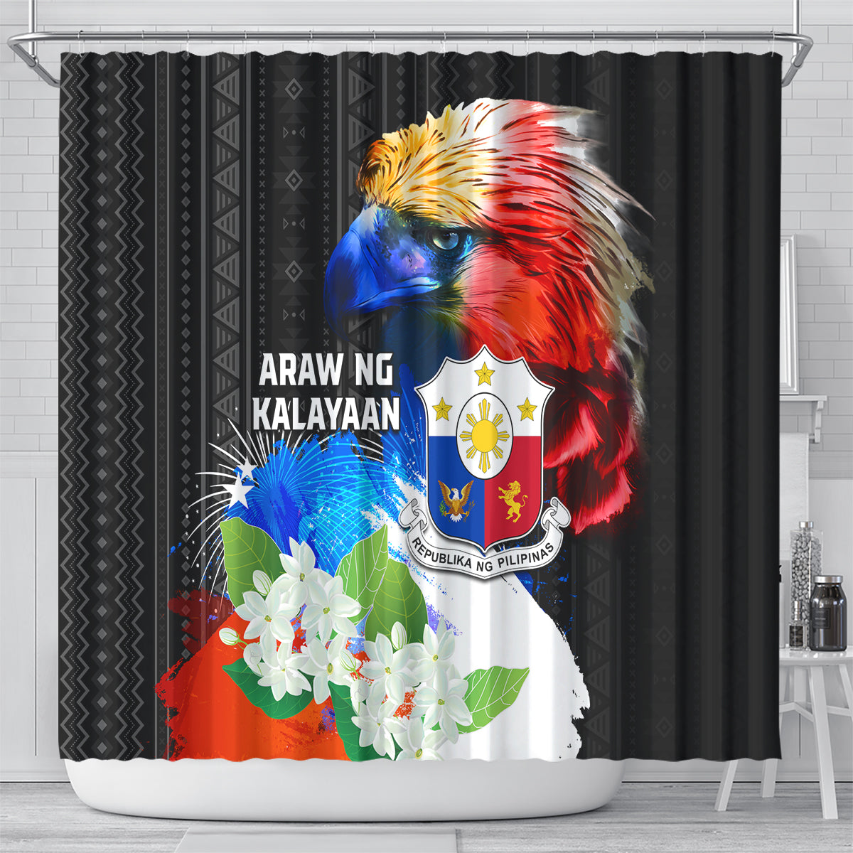 Philippines Independence Day Shower Curtain Philippines Eagle and Sampaguita Jasmine Yakan Tribal LT03 - Polynesian Pride