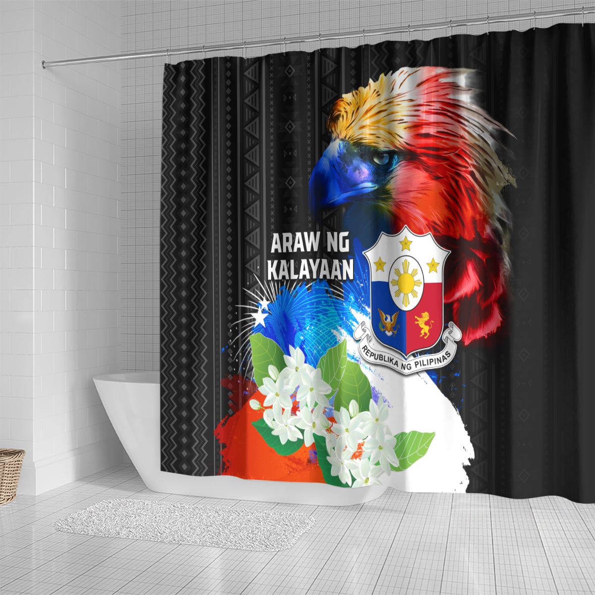 Philippines Independence Day Shower Curtain Philippines Eagle and Sampaguita Jasmine Yakan Tribal LT03 - Polynesian Pride