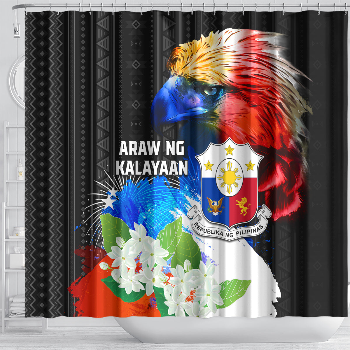 Philippines Independence Day Shower Curtain Philippines Eagle and Sampaguita Jasmine Yakan Tribal LT03 - Polynesian Pride
