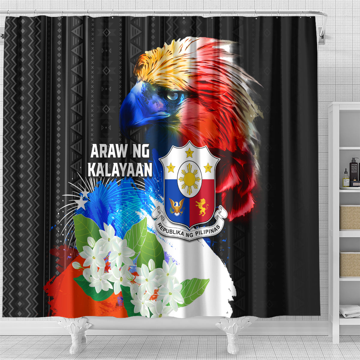 Philippines Independence Day Shower Curtain Philippines Eagle and Sampaguita Jasmine Yakan Tribal LT03 - Polynesian Pride