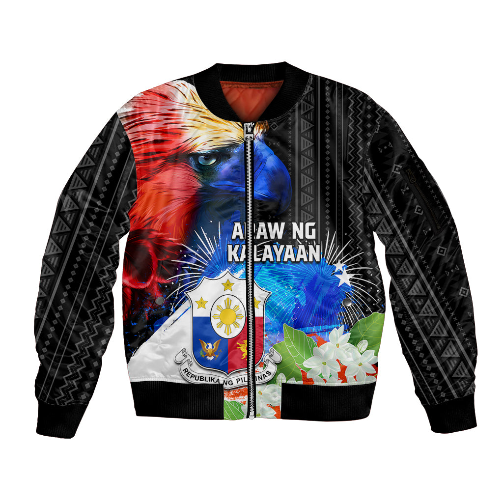 Philippines Independence Day Sleeve Zip Bomber Jacket Philippines Eagle and Sampaguita Jasmine Yakan Tribal LT03 Unisex Black - Polynesian Pride