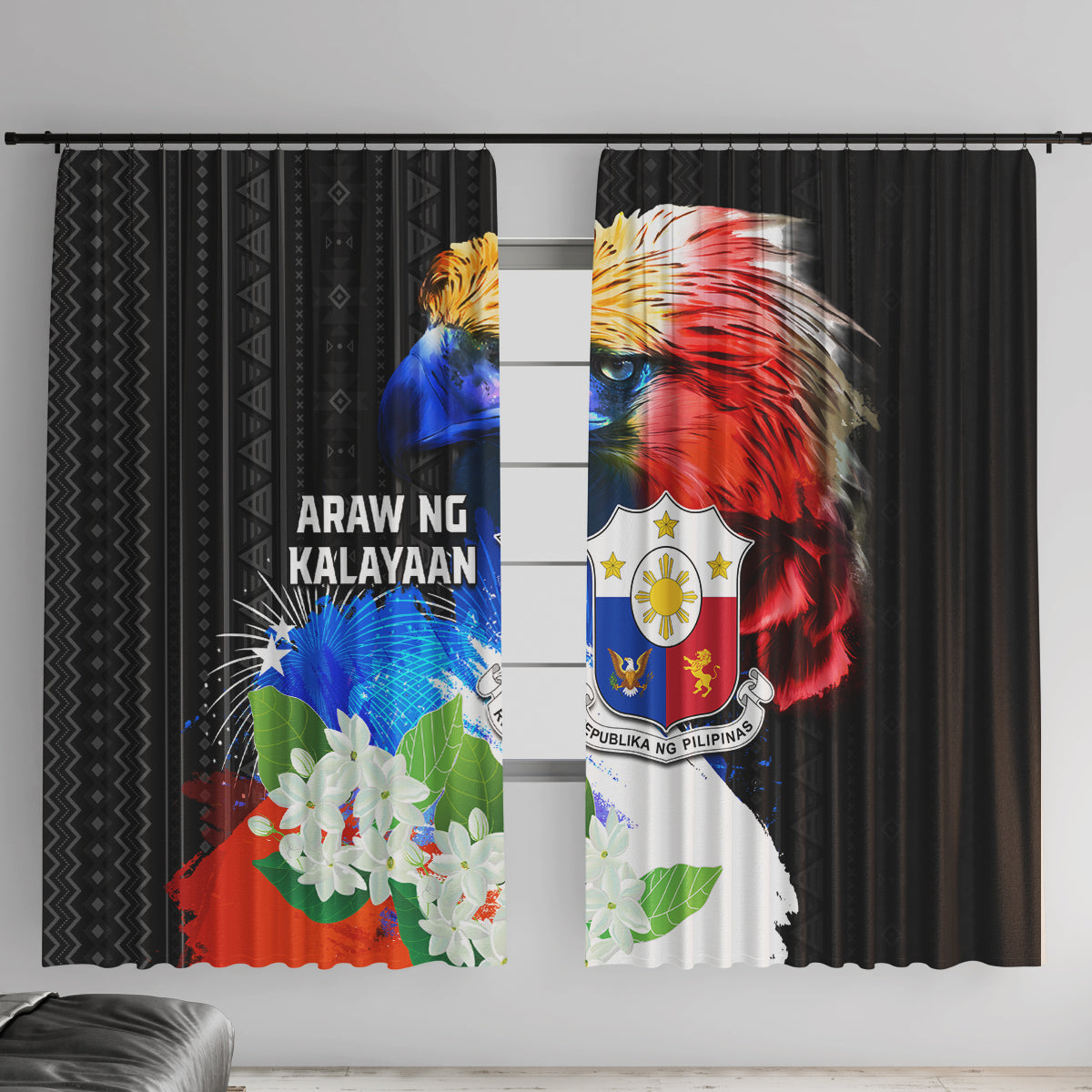 Philippines Independence Day Window Curtain Philippines Eagle and Sampaguita Jasmine Yakan Tribal LT03 With Hooks Black - Polynesian Pride