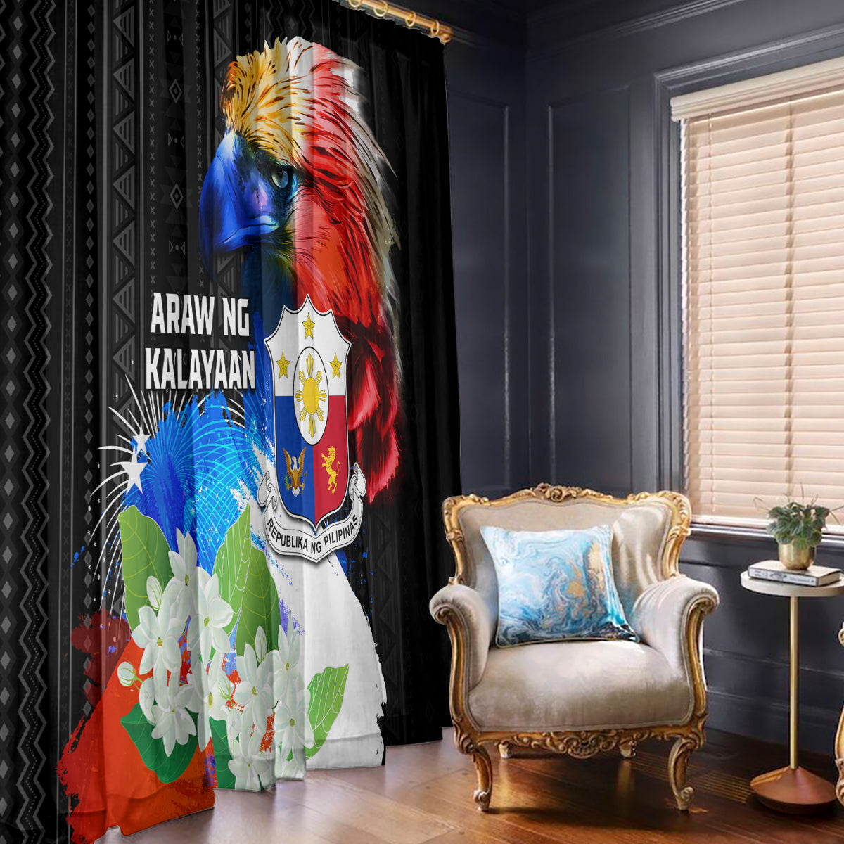 Philippines Independence Day Window Curtain Philippines Eagle and Sampaguita Jasmine Yakan Tribal LT03 - Polynesian Pride