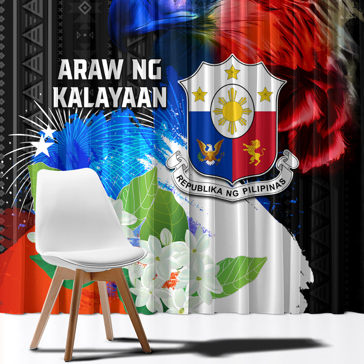 Philippines Independence Day Window Curtain Philippines Eagle and Sampaguita Jasmine Yakan Tribal LT03 - Polynesian Pride