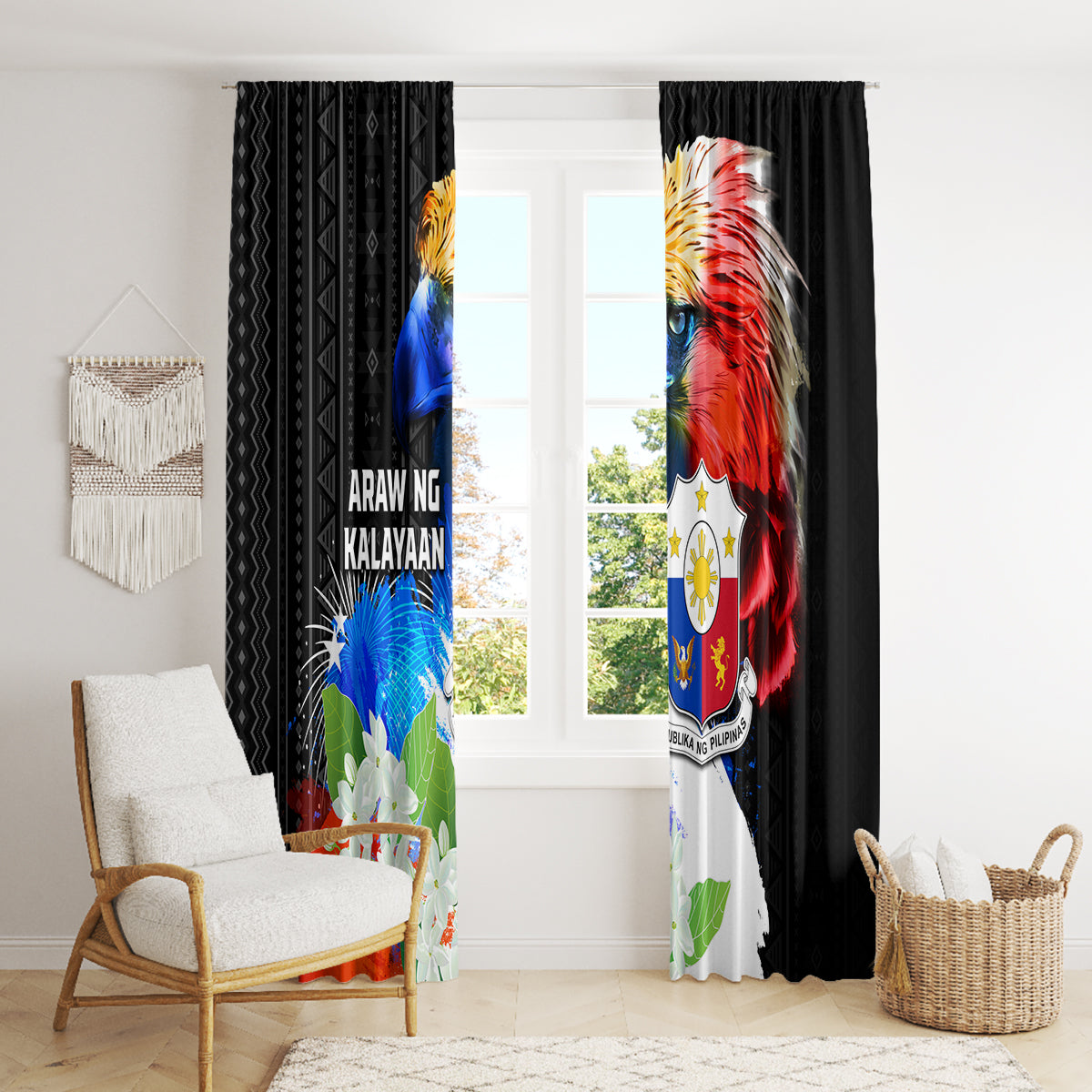 Philippines Independence Day Window Curtain Philippines Eagle and Sampaguita Jasmine Yakan Tribal LT03 - Polynesian Pride