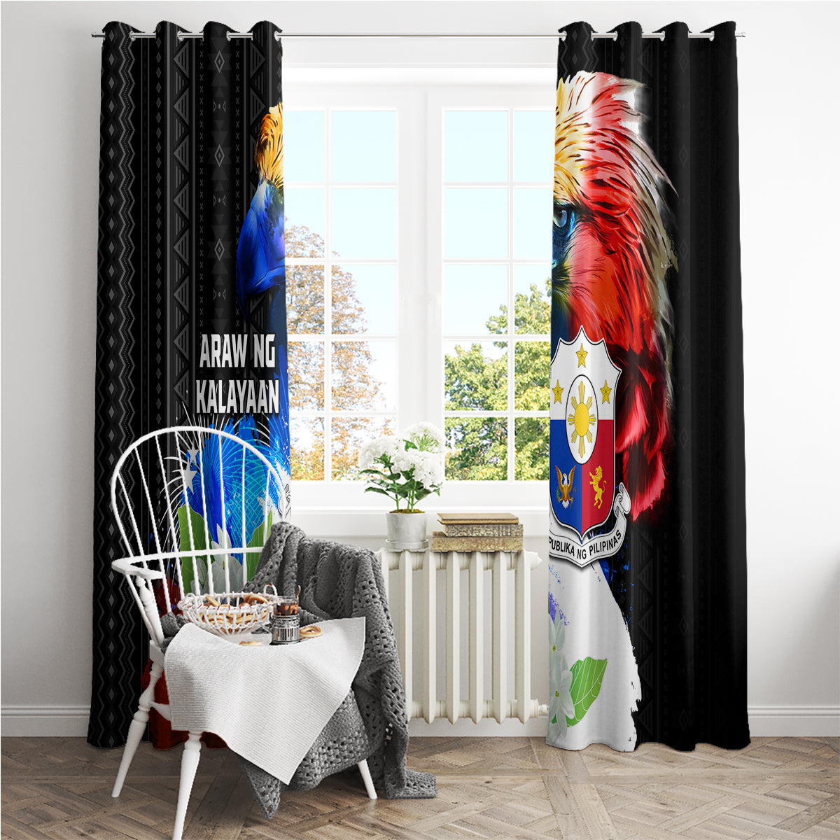Philippines Independence Day Window Curtain Philippines Eagle and Sampaguita Jasmine Yakan Tribal LT03 - Polynesian Pride