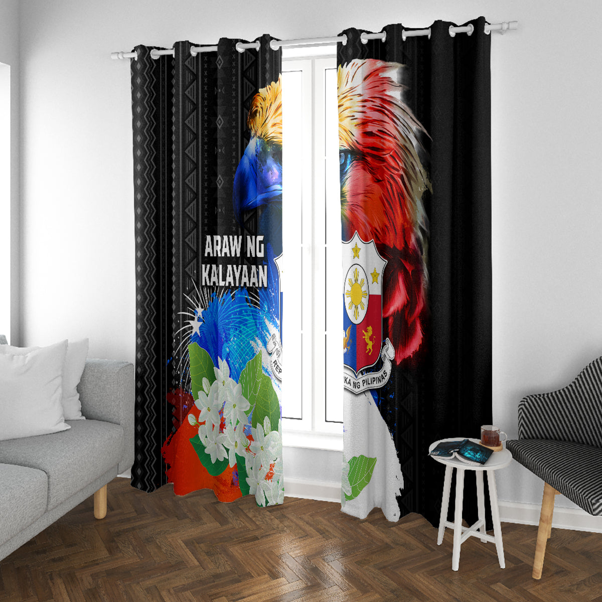 Philippines Independence Day Window Curtain Philippines Eagle and Sampaguita Jasmine Yakan Tribal LT03 With Grommets Black - Polynesian Pride