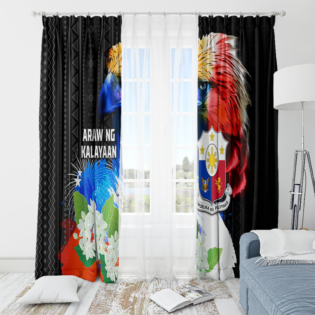 Philippines Independence Day Window Curtain Philippines Eagle and Sampaguita Jasmine Yakan Tribal LT03 - Polynesian Pride