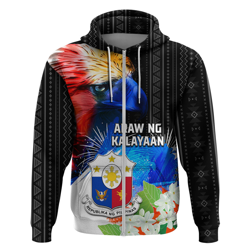 Philippines Independence Day Zip Hoodie Philippines Eagle and Sampaguita Jasmine Yakan Tribal LT03 Zip Hoodie Black - Polynesian Pride