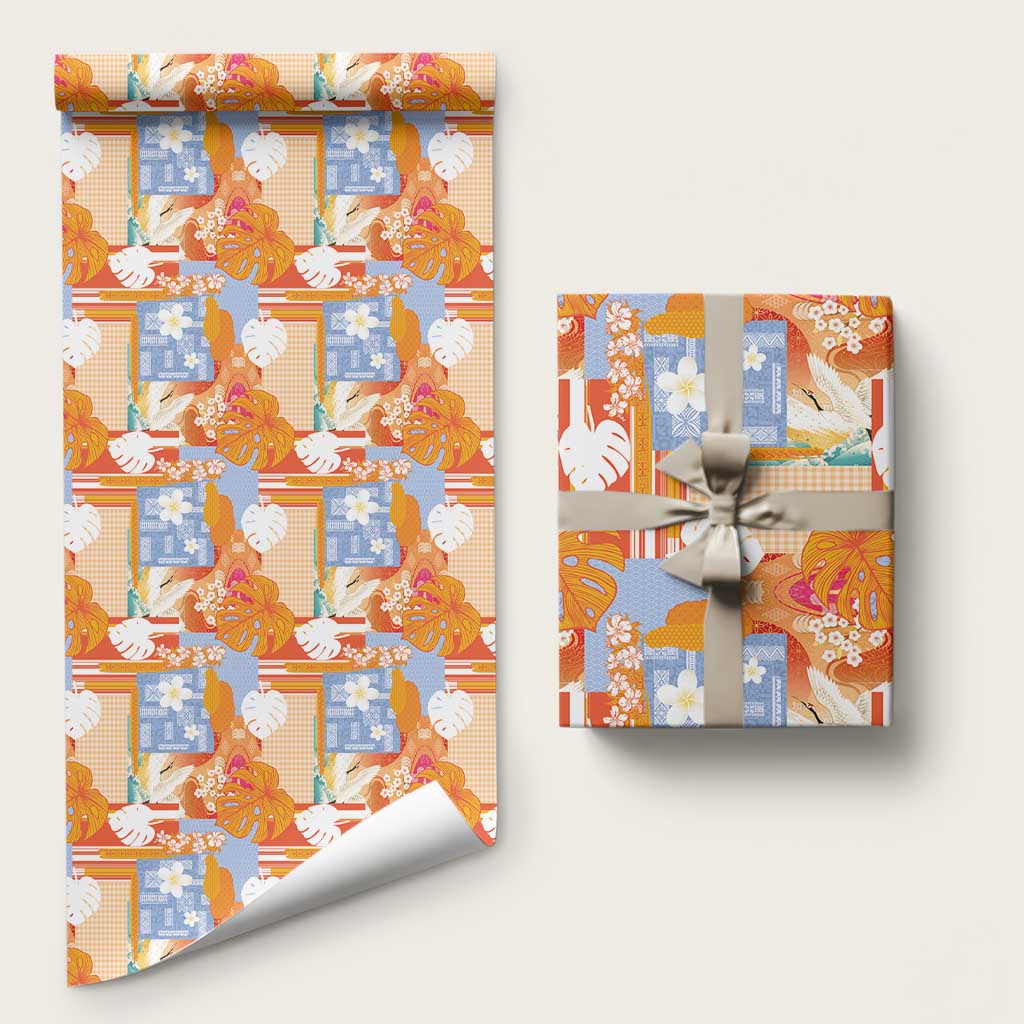 Hawaiian and Japanese Culture Together Wrapping Paper Palaka Japanese Art and Tropical Motif Tribal Patchwork LT03 58" × 23" Multicolor - Polynesian Pride