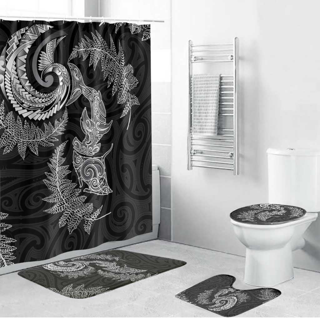 New Zealand Sea Animals with Maori Tribal Tattoo Bathroom Set Shark Manta Ray with Silver Fern Black LT03 Bathroom Set (4 pcs) Black - Polynesian Pride