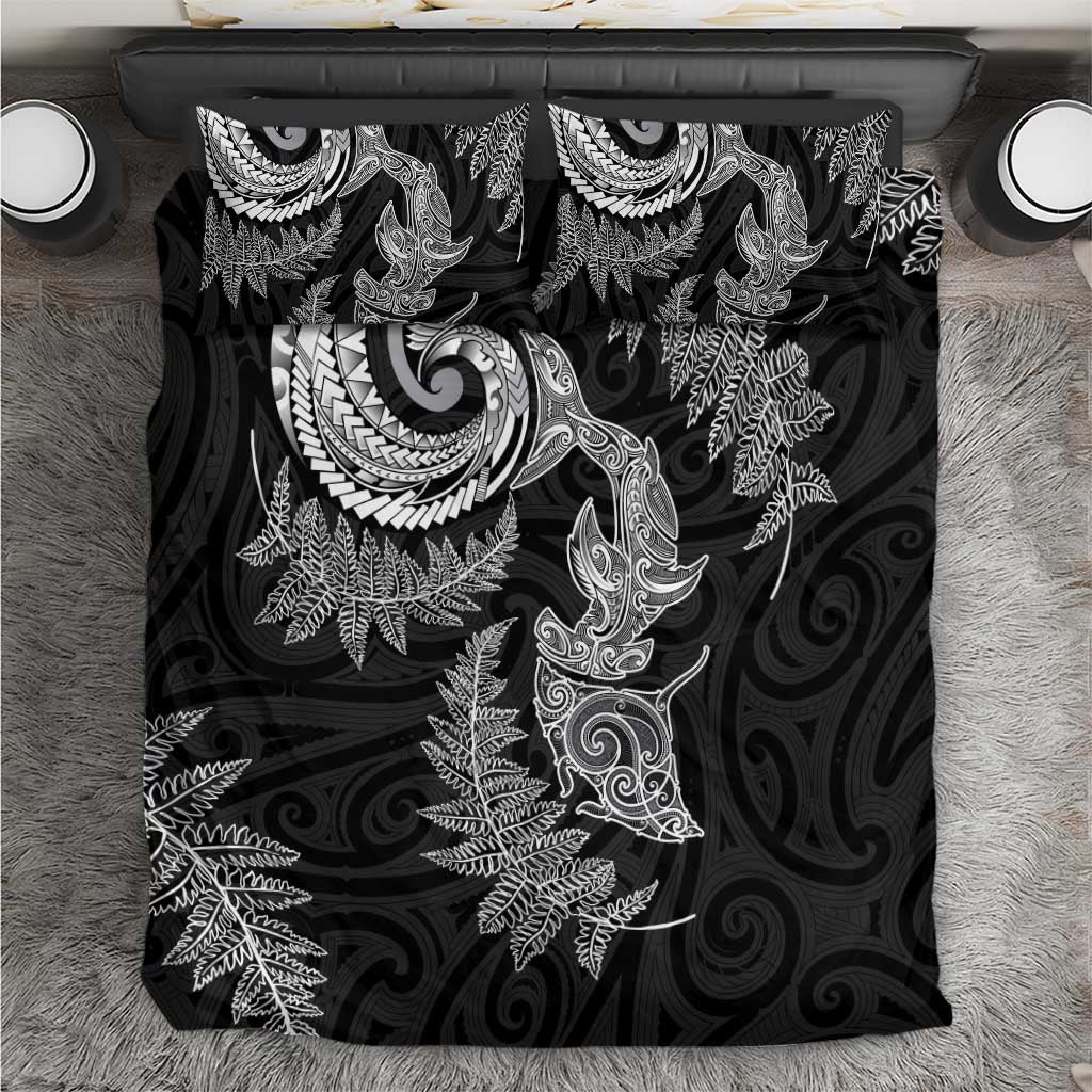 New Zealand Sea Animals with Maori Tribal Tattoo Bedding Set Shark Manta Ray with Silver Fern Black LT03 Black - Polynesian Pride