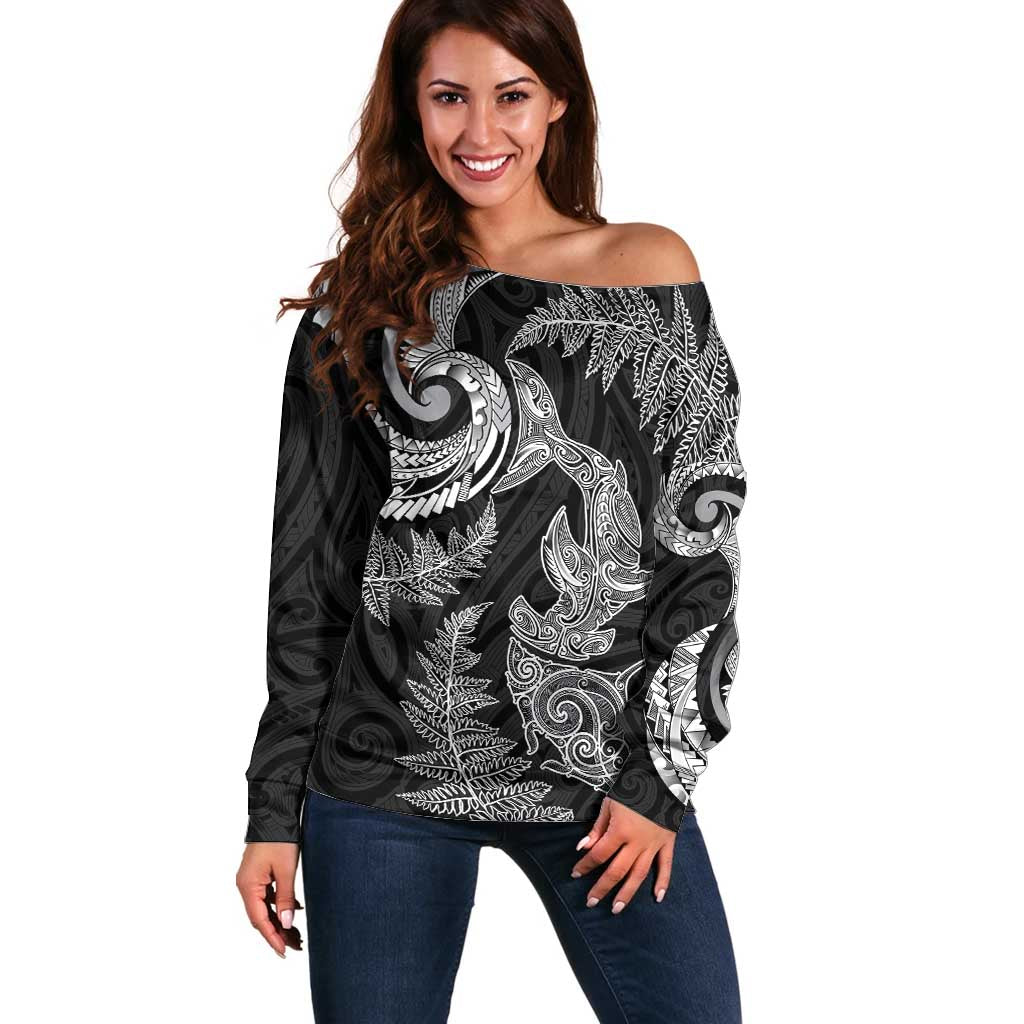 New Zealand Sea Animals with Maori Tribal Tattoo Off Shoulder Sweater Shark Manta Ray with Silver Fern Black LT03 Women Black - Polynesian Pride