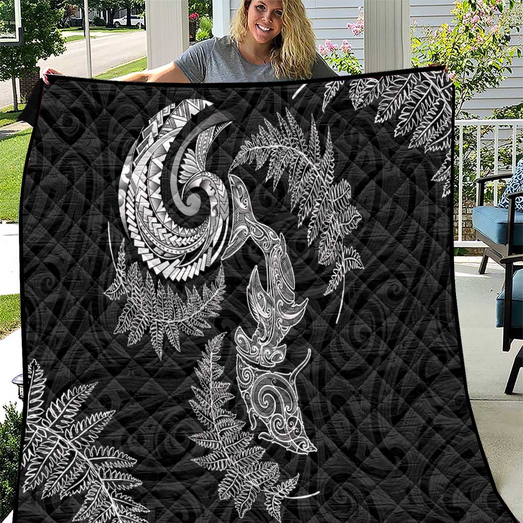 New Zealand Sea Animals with Maori Tribal Tattoo Quilt Shark Manta Ray with Silver Fern Black LT03 Black - Polynesian Pride