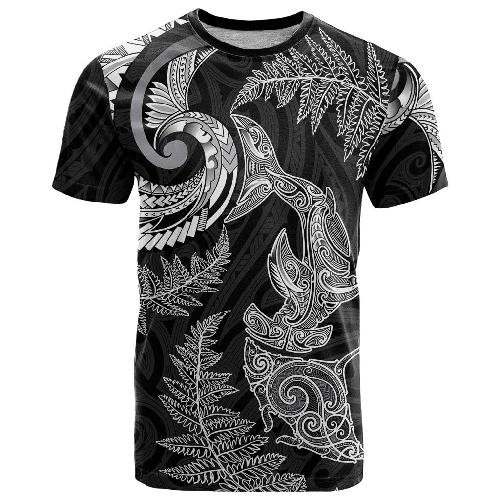 New Zealand Sea Animals with Maori Tribal Tattoo T Shirt Shark Manta Ray with Silver Fern Black LT03 Black - Polynesian Pride
