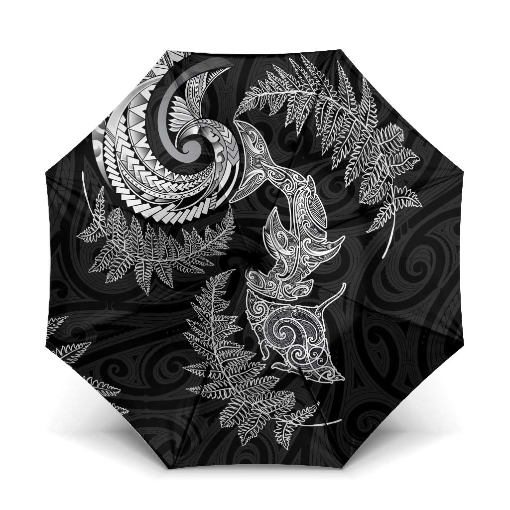 New Zealand Sea Animals with Maori Tribal Tattoo Umbrella Shark Manta Ray with Silver Fern Black LT03 One Size Folded 11.42 inch Opened Diameter 37.4 inch Black - Polynesian Pride