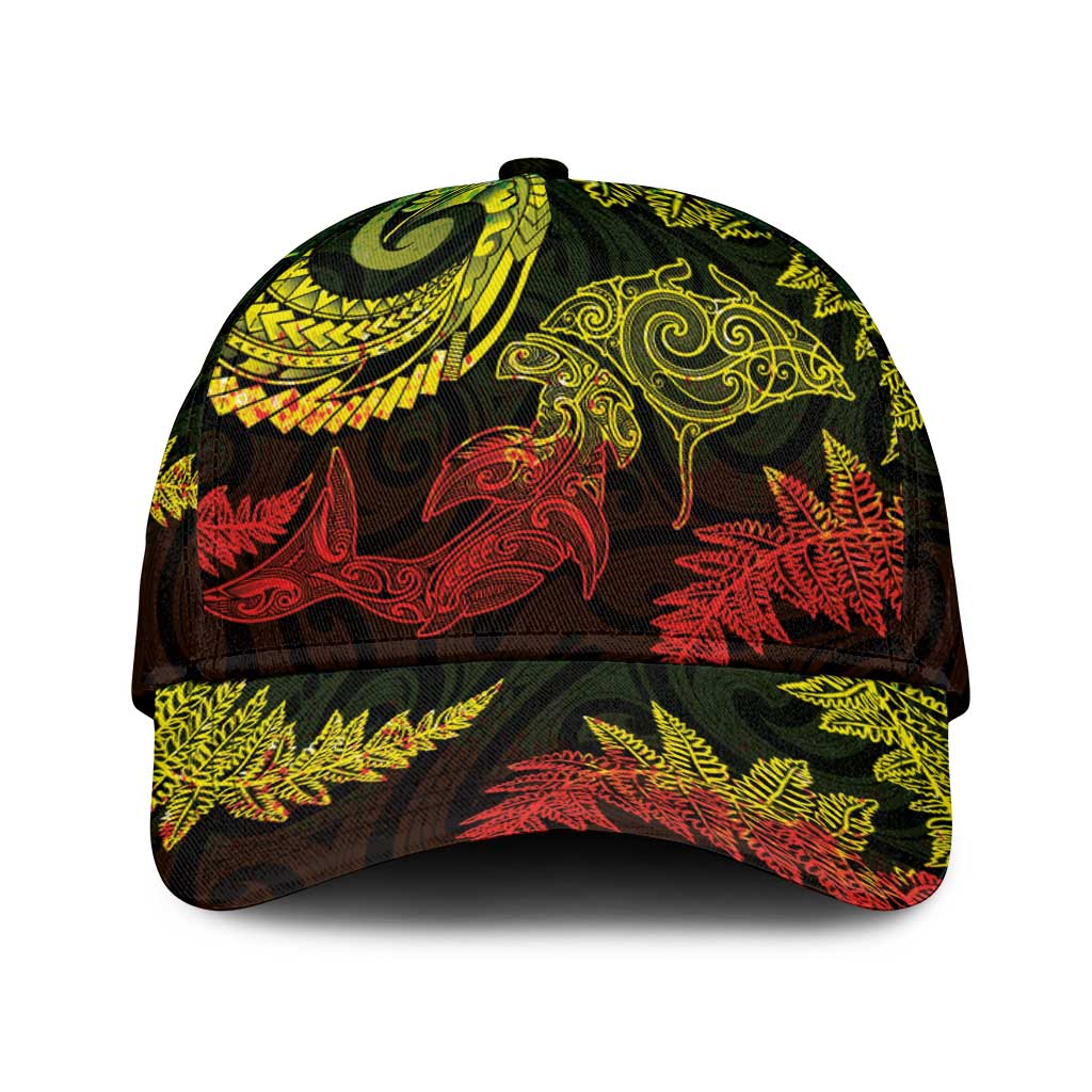 New Zealand Sea Animals with Maori Tribal Tattoo Classic Cap Shark Manta Ray with Silver Fern Reggae LT03 Universal Fit Reggae - Polynesian Pride