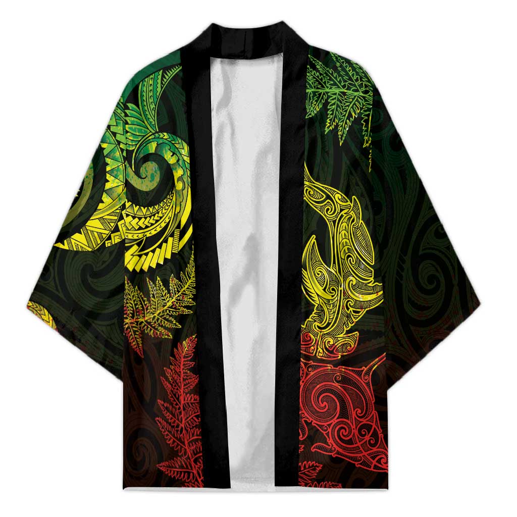 New Zealand Sea Animals with Maori Tribal Tattoo Kimono Shark Manta Ray with Silver Fern Reggae LT03 Unisex Reggae - Polynesian Pride