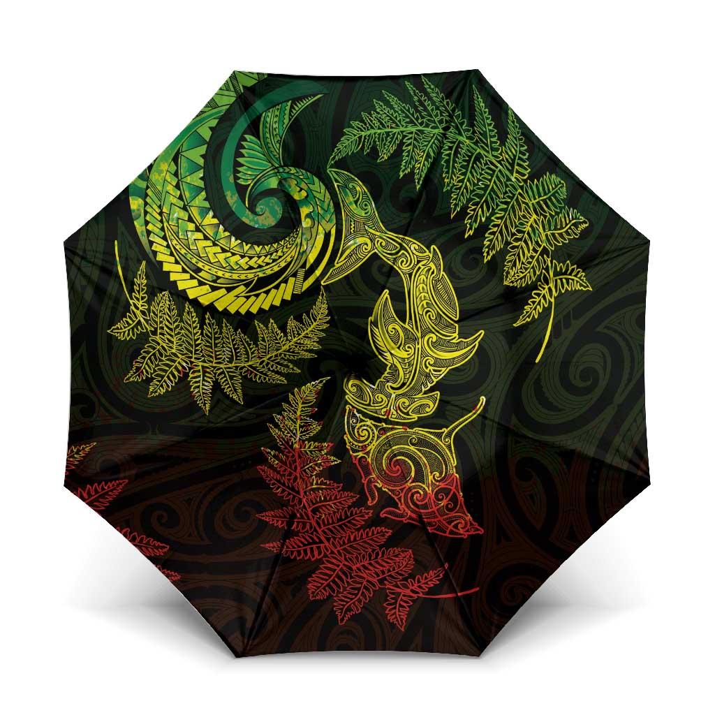 New Zealand Sea Animals with Maori Tribal Tattoo Umbrella Shark Manta Ray with Silver Fern Reggae LT03 One Size Folded 11.42 inch Opened Diameter 37.4 inch Reggae - Polynesian Pride