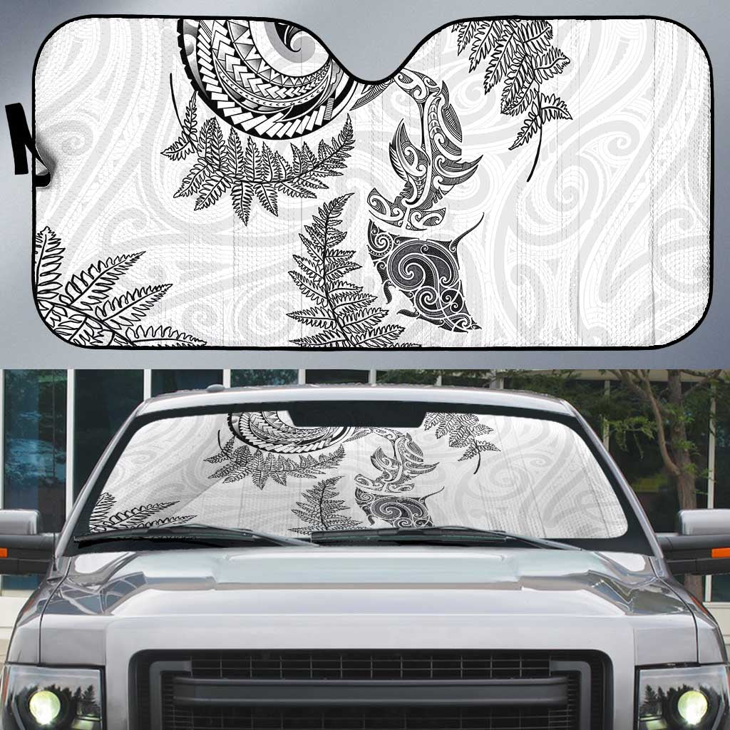 New Zealand Sea Animals with Maori Tribal Tattoo Auto Sun Shade Shark Manta Ray with Silver Fern White LT03 White - Polynesian Pride