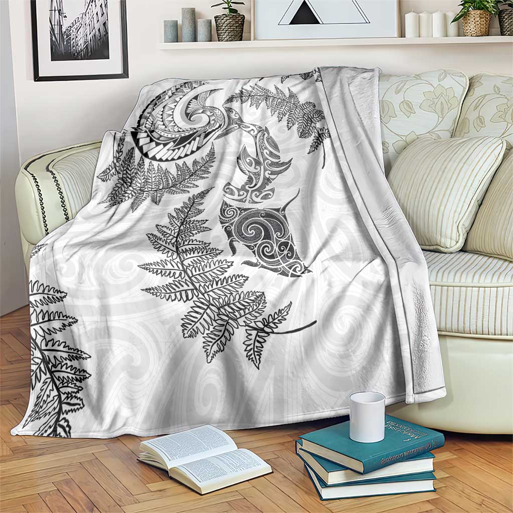 New Zealand Sea Animals with Maori Tribal Tattoo Blanket Shark Manta Ray with Silver Fern White LT03 White - Polynesian Pride