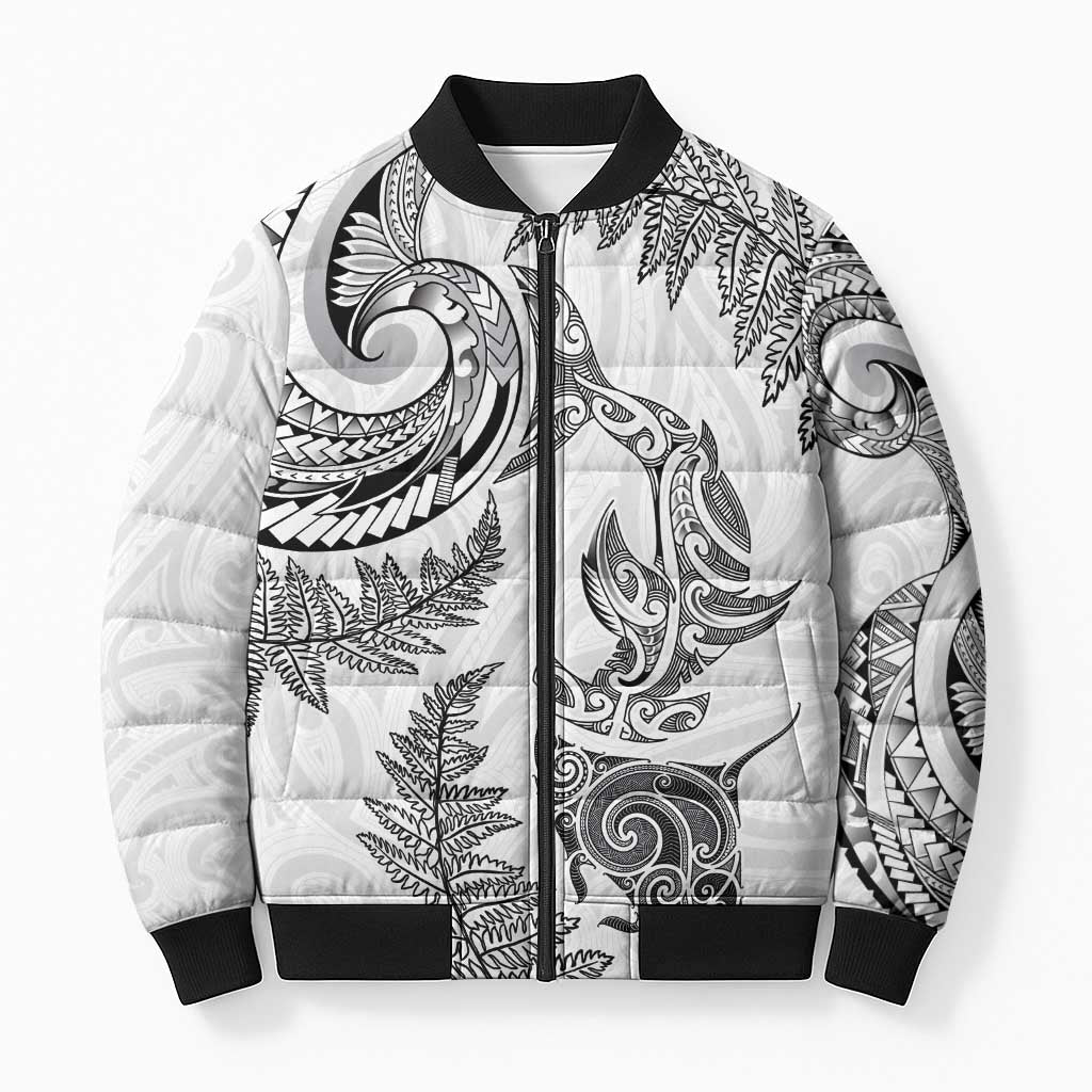 New Zealand Sea Animals with Maori Tribal Tattoo Bomber Puffer Jacket Shark Manta Ray with Silver Fern White LT03 Unisex White - Polynesian Pride