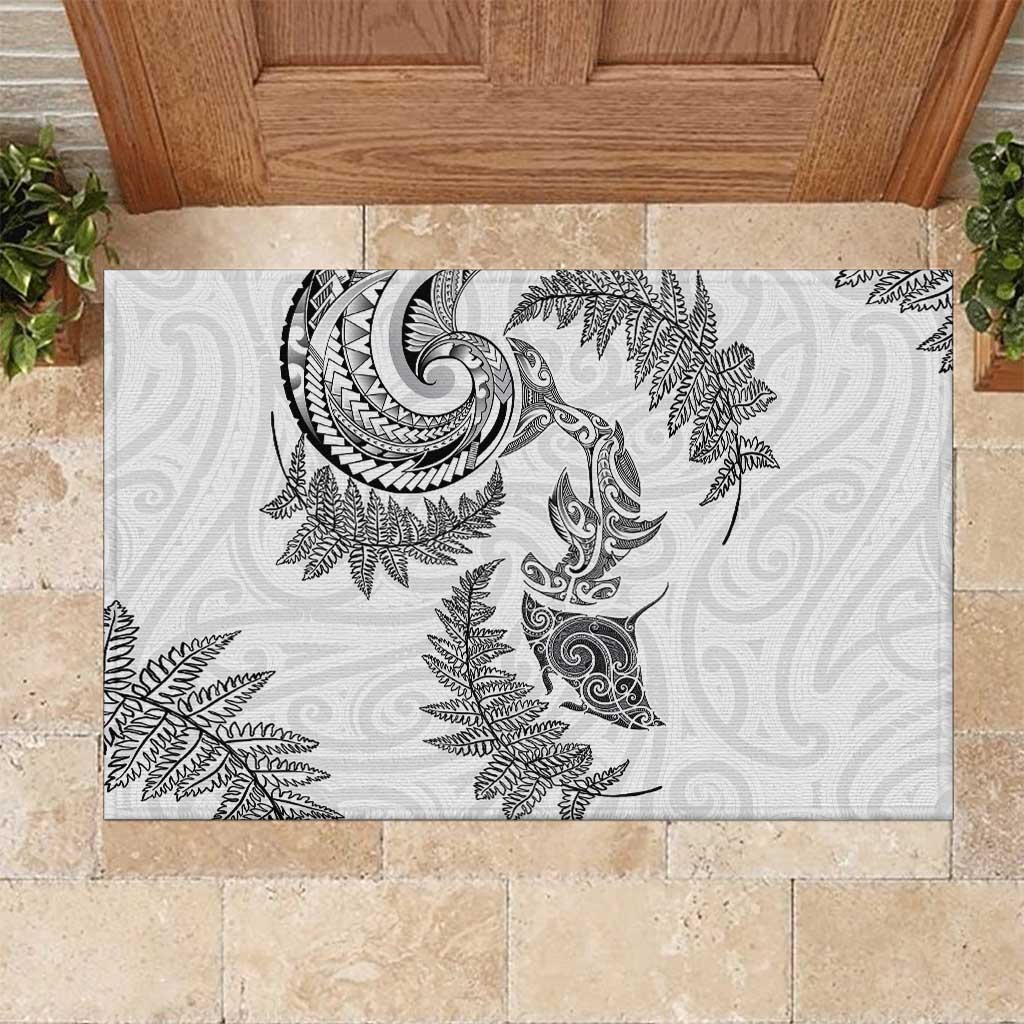 New Zealand Sea Animals with Maori Tribal Tattoo Rubber Doormat Shark Manta Ray with Silver Fern White LT03 White - Polynesian Pride