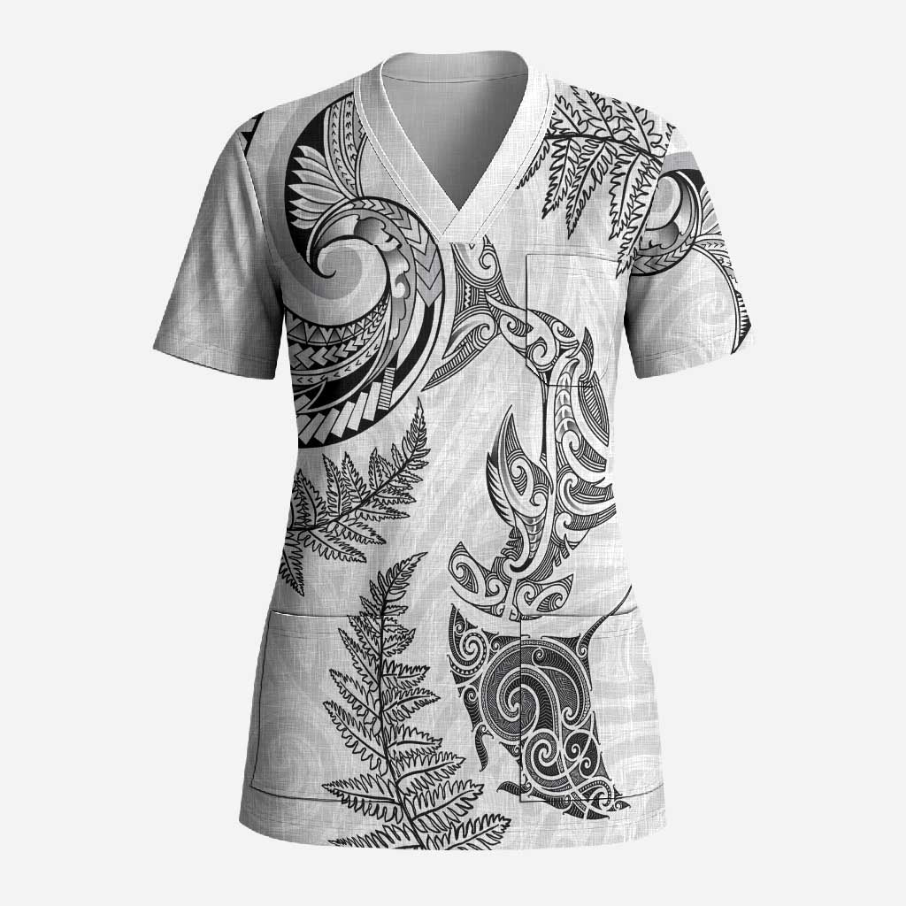 New Zealand Sea Animals with Maori Tribal Tattoo Scrub Top Shark Manta Ray with Silver Fern White LT03 Adult White - Polynesian Pride