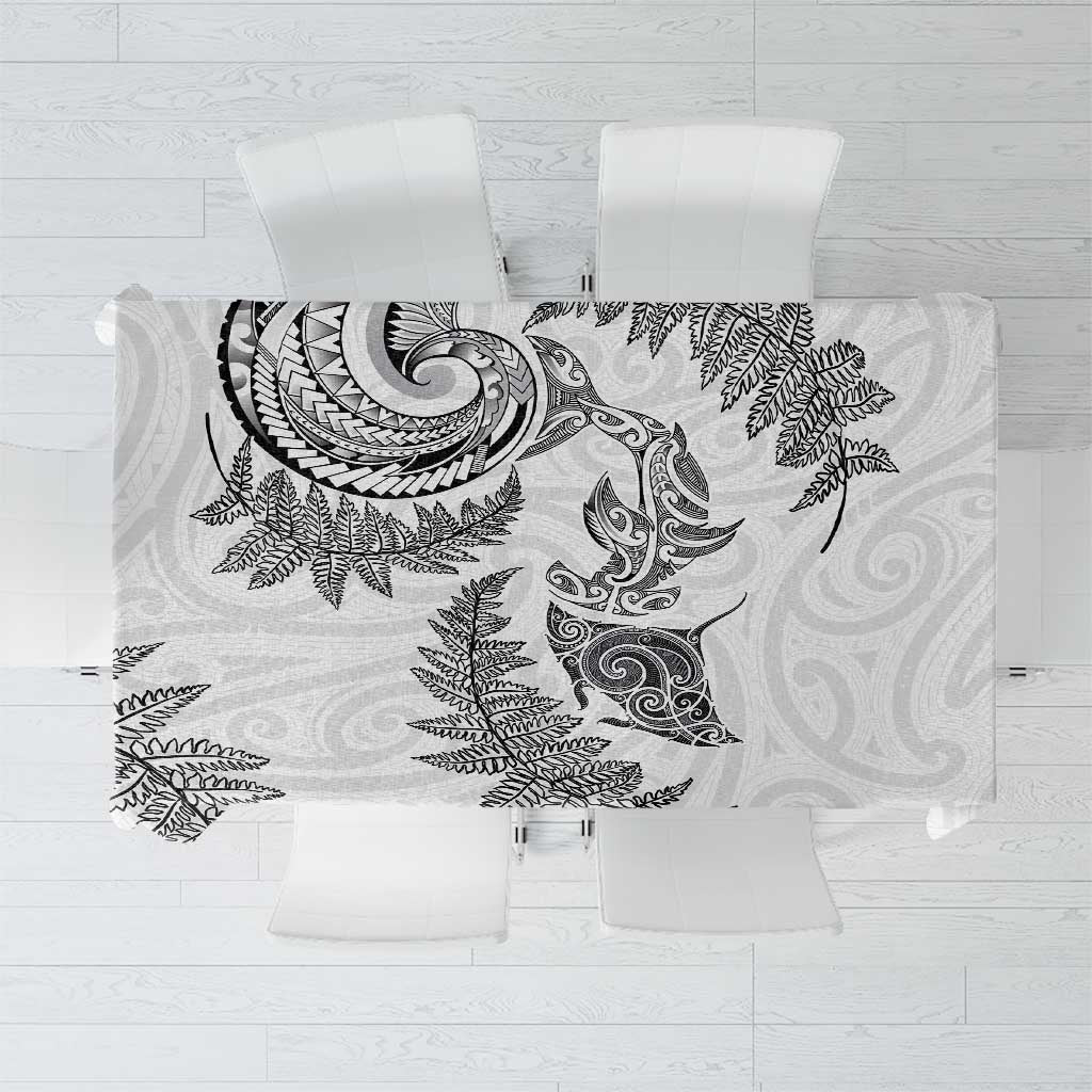 New Zealand Sea Animals with Maori Tribal Tattoo Tablecloth Shark Manta Ray with Silver Fern White LT03 White - Polynesian Pride