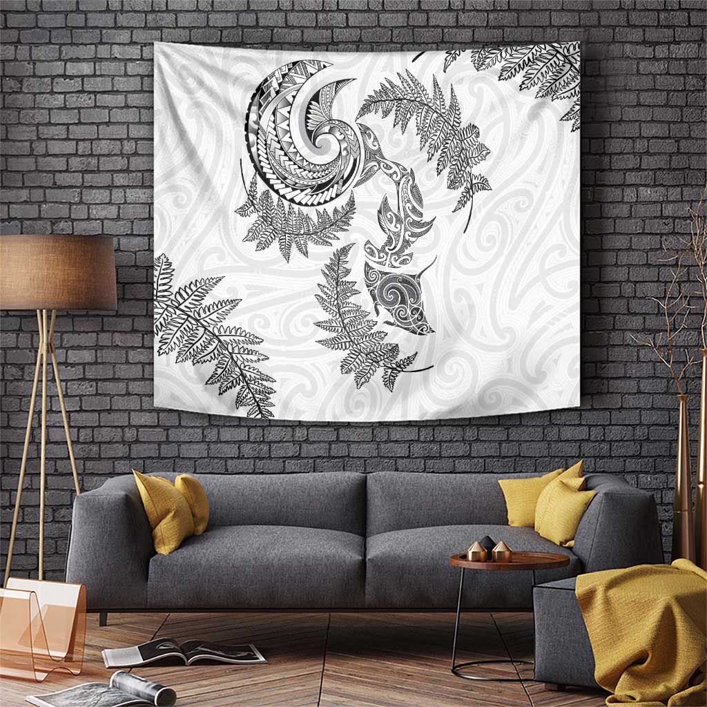 New Zealand Sea Animals with Maori Tribal Tattoo Tapestry Shark Manta Ray with Silver Fern White LT03 White - Polynesian Pride