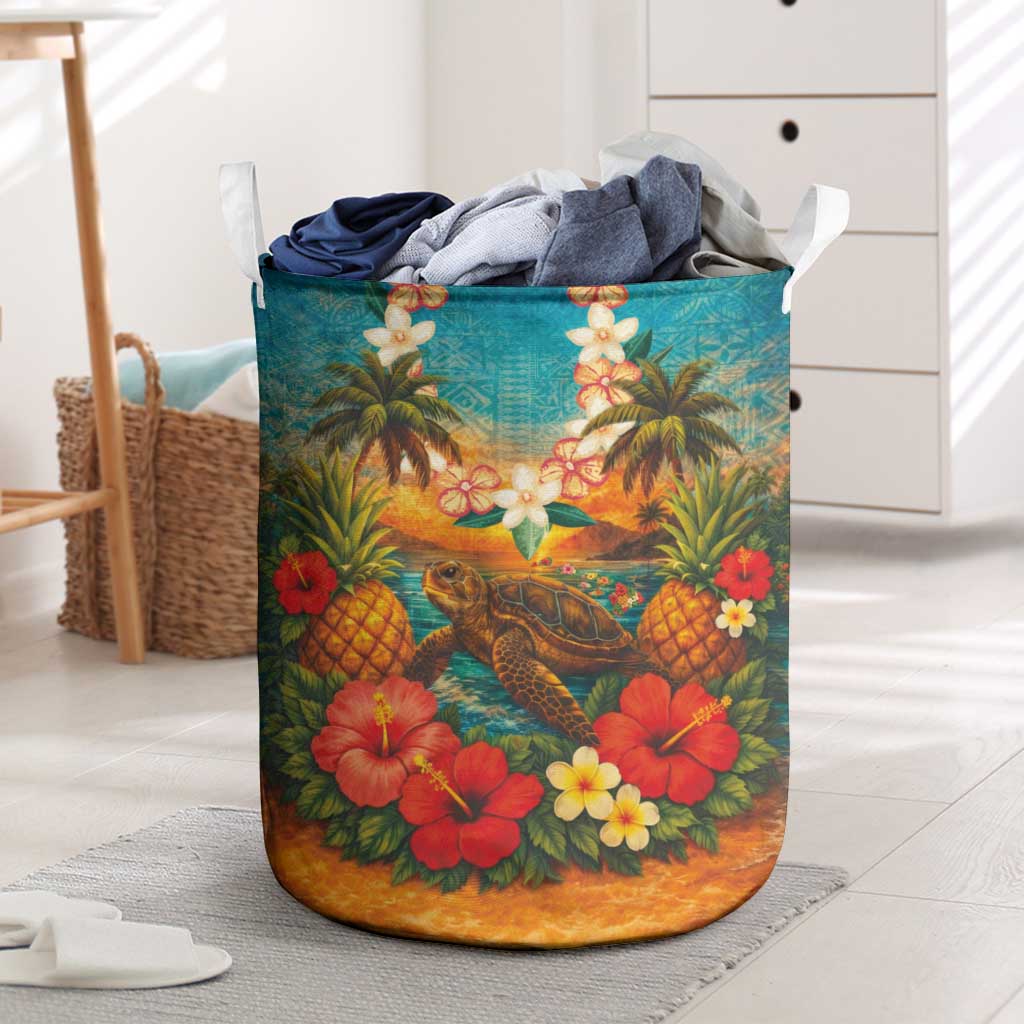 Hawaiian Turtles on Beach Laundry Basket with Pineapple Tropical Plant and Lei LT03 Multicolor - Polynesian Pride