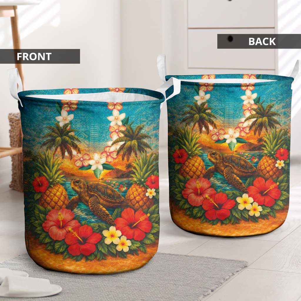 Hawaiian Turtles on Beach Laundry Basket with Pineapple Tropical Plant and Lei LT03 - Polynesian Pride