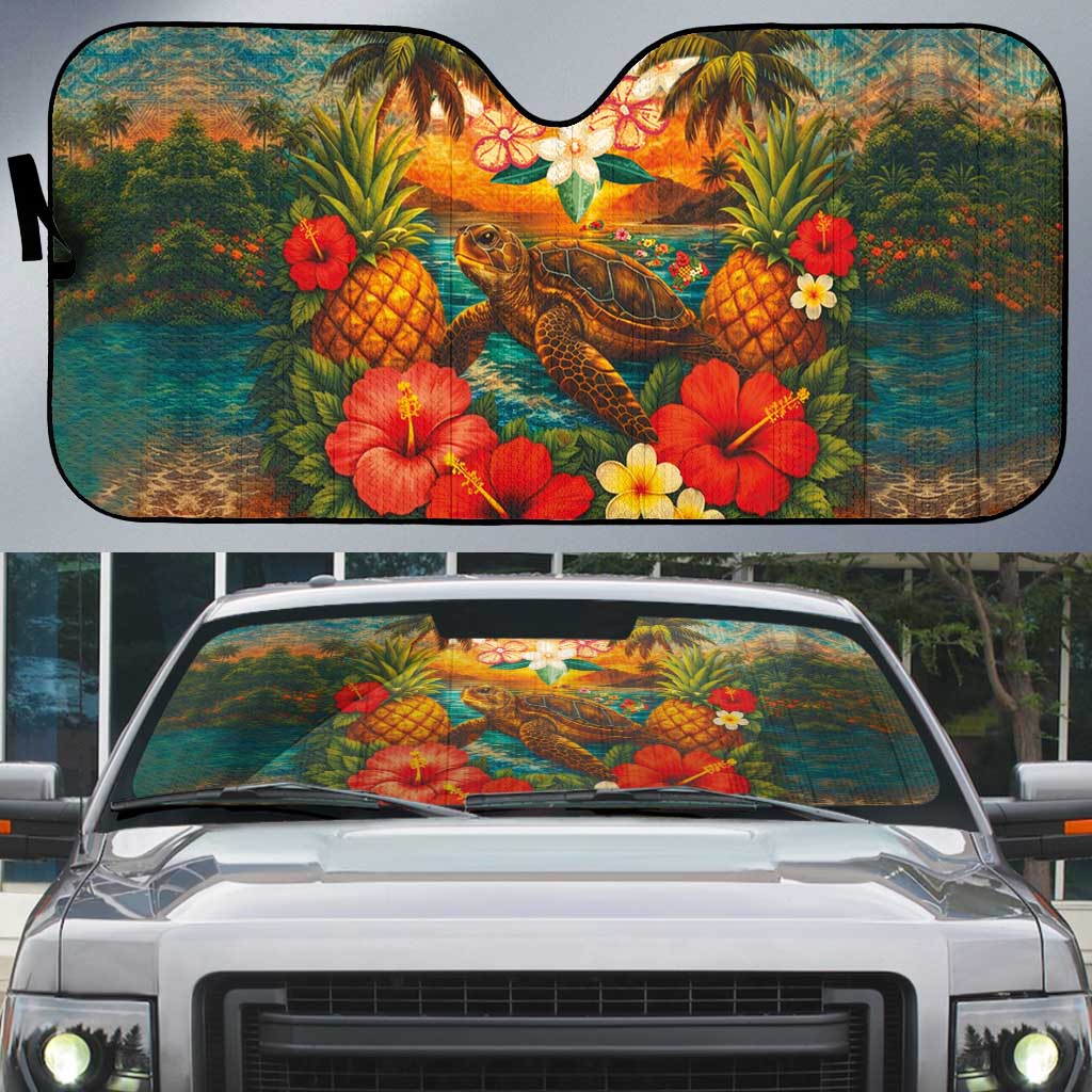 Hawaiian Turtles on Beach Auto Sun Shade with Pineapple Tropical Plant and Lei LT03 Multicolor - Polynesian Pride