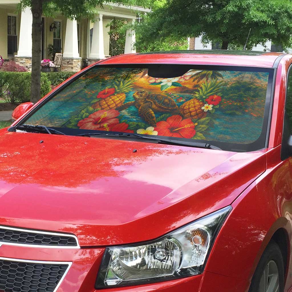 Hawaiian Turtles on Beach Auto Sun Shade with Pineapple Tropical Plant and Lei LT03 - Polynesian Pride