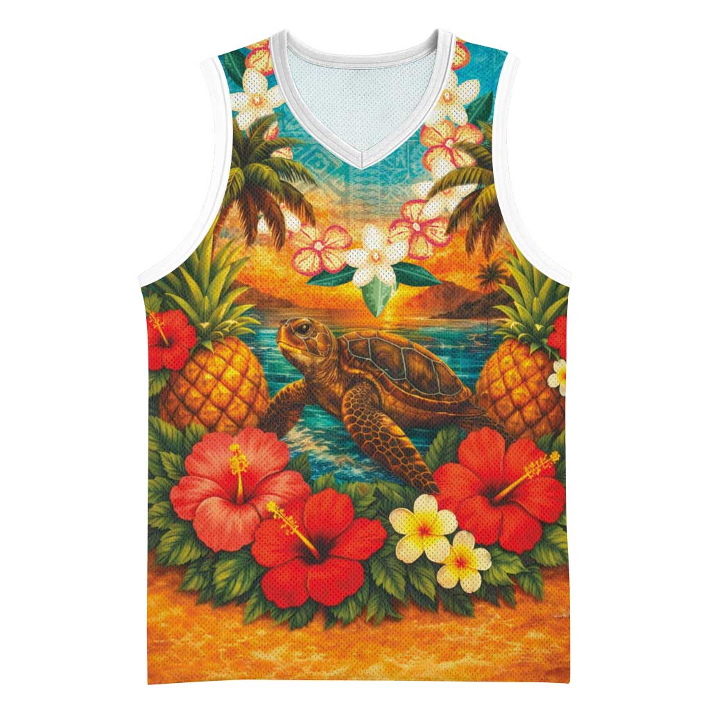 Hawaiian Turtles on Beach Basketball Jersey with Pineapple Tropical Plant and Lei LT03 Unisex Multicolor - Polynesian Pride