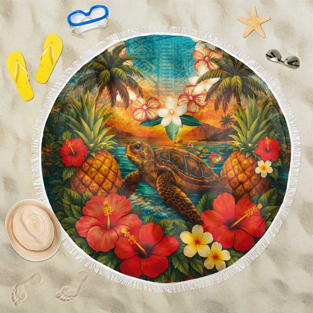 Hawaiian Turtles on Beach Beach Blanket with Pineapple Tropical Plant and Lei LT03 One Size 150cm Multicolor - Polynesian Pride