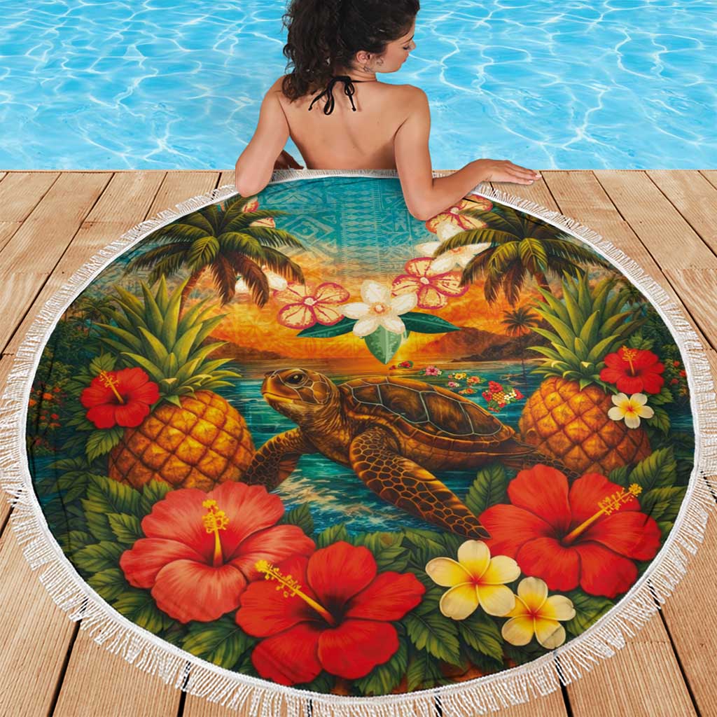 Hawaiian Turtles on Beach Beach Blanket with Pineapple Tropical Plant and Lei LT03 - Polynesian Pride