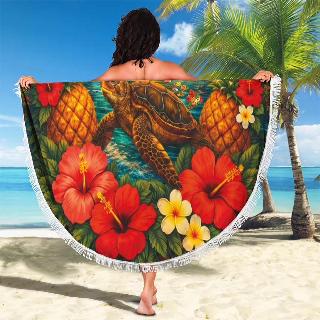 Hawaiian Turtles on Beach Beach Blanket with Pineapple Tropical Plant and Lei LT03 - Polynesian Pride