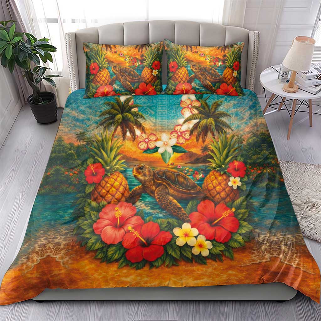 Hawaiian Turtles on Beach Bedding Set with Pineapple Tropical Plant and Lei LT03 - Polynesian Pride