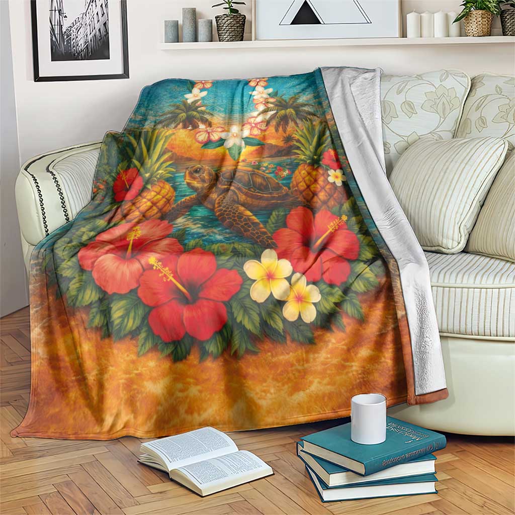 Hawaiian Turtles on Beach Blanket with Pineapple Tropical Plant and Lei LT03 Multicolor - Polynesian Pride