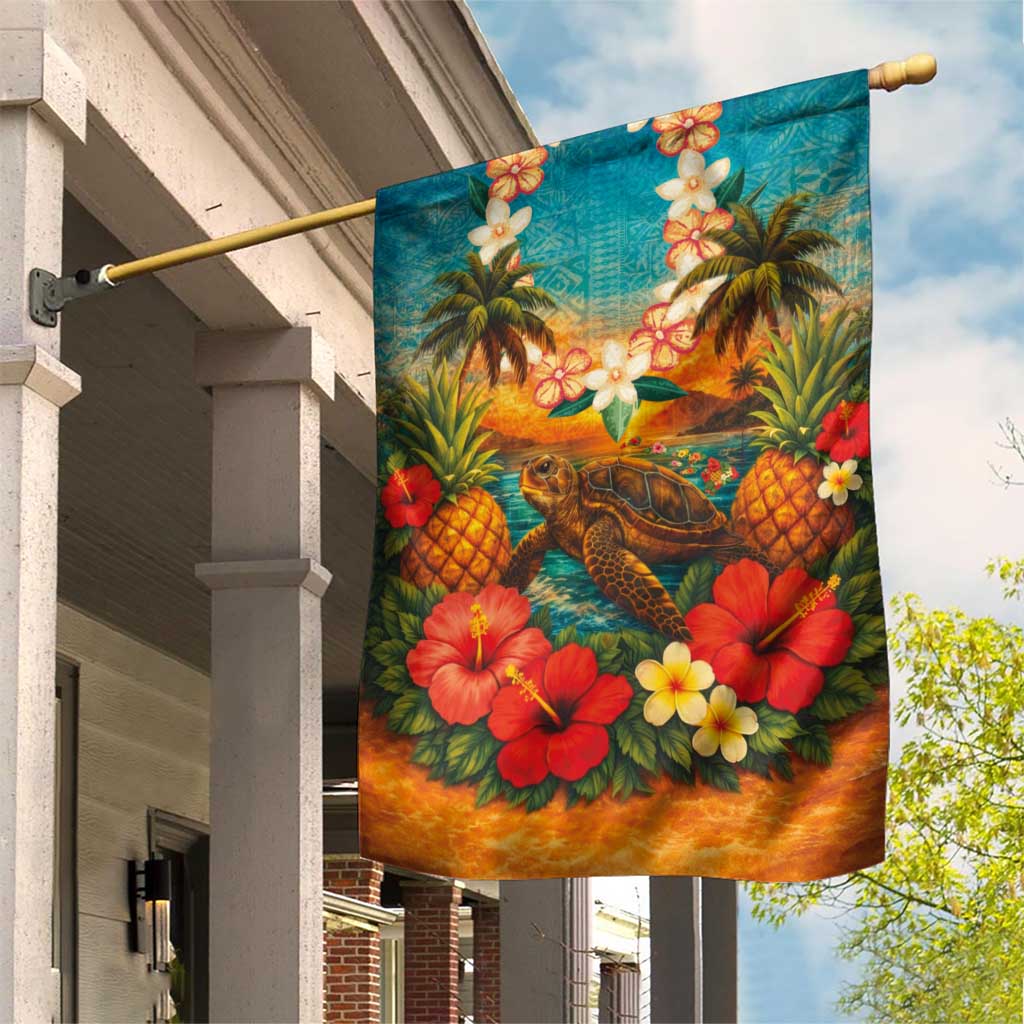 Hawaiian Turtles on Beach Garden Flag with Pineapple Tropical Plant and Lei LT03 House Flag Multicolor - Polynesian Pride