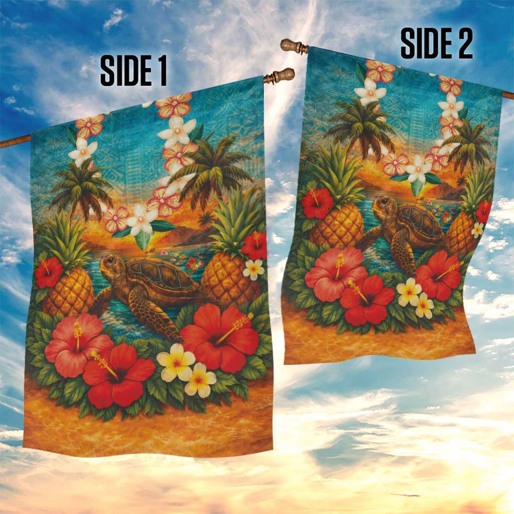 Hawaiian Turtles on Beach Garden Flag with Pineapple Tropical Plant and Lei LT03 - Polynesian Pride