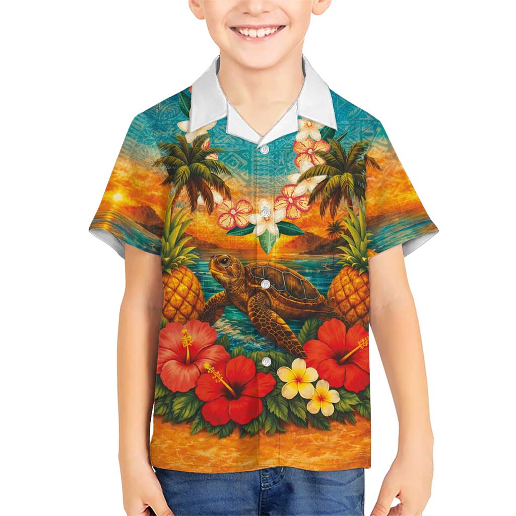 Hawaiian Turtles on Beach Kid Hawaiian Shirt with Pineapple Tropical Plant and Lei LT03 Kid Multicolor - Polynesian Pride