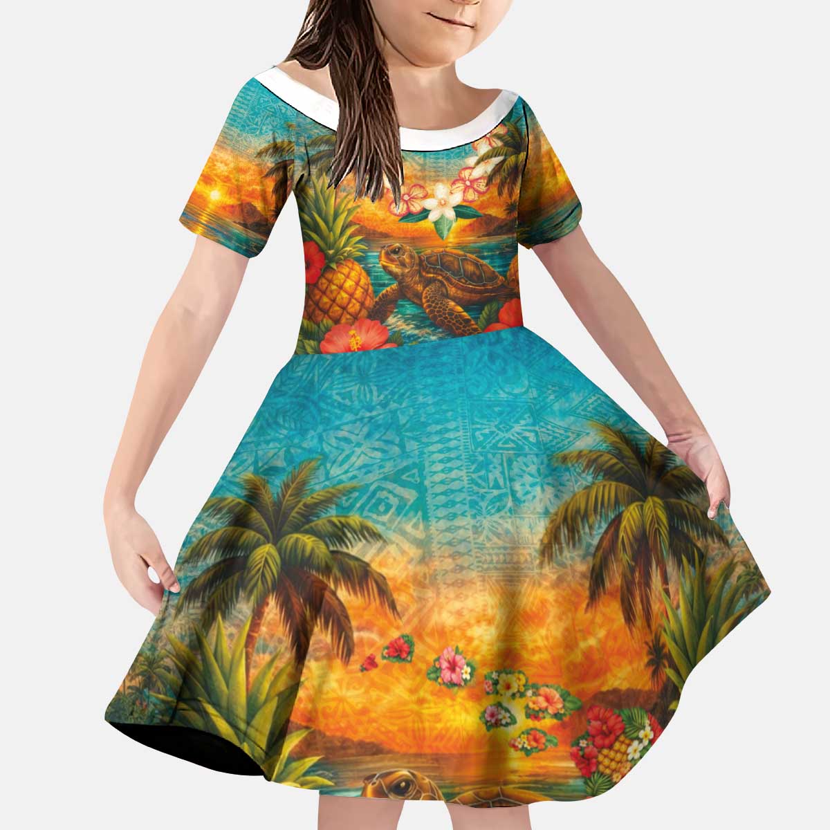 Hawaiian Turtles on Beach Kid Short Sleeve Dress with Pineapple Tropical Plant and Lei LT03 KID Multicolor - Polynesian Pride